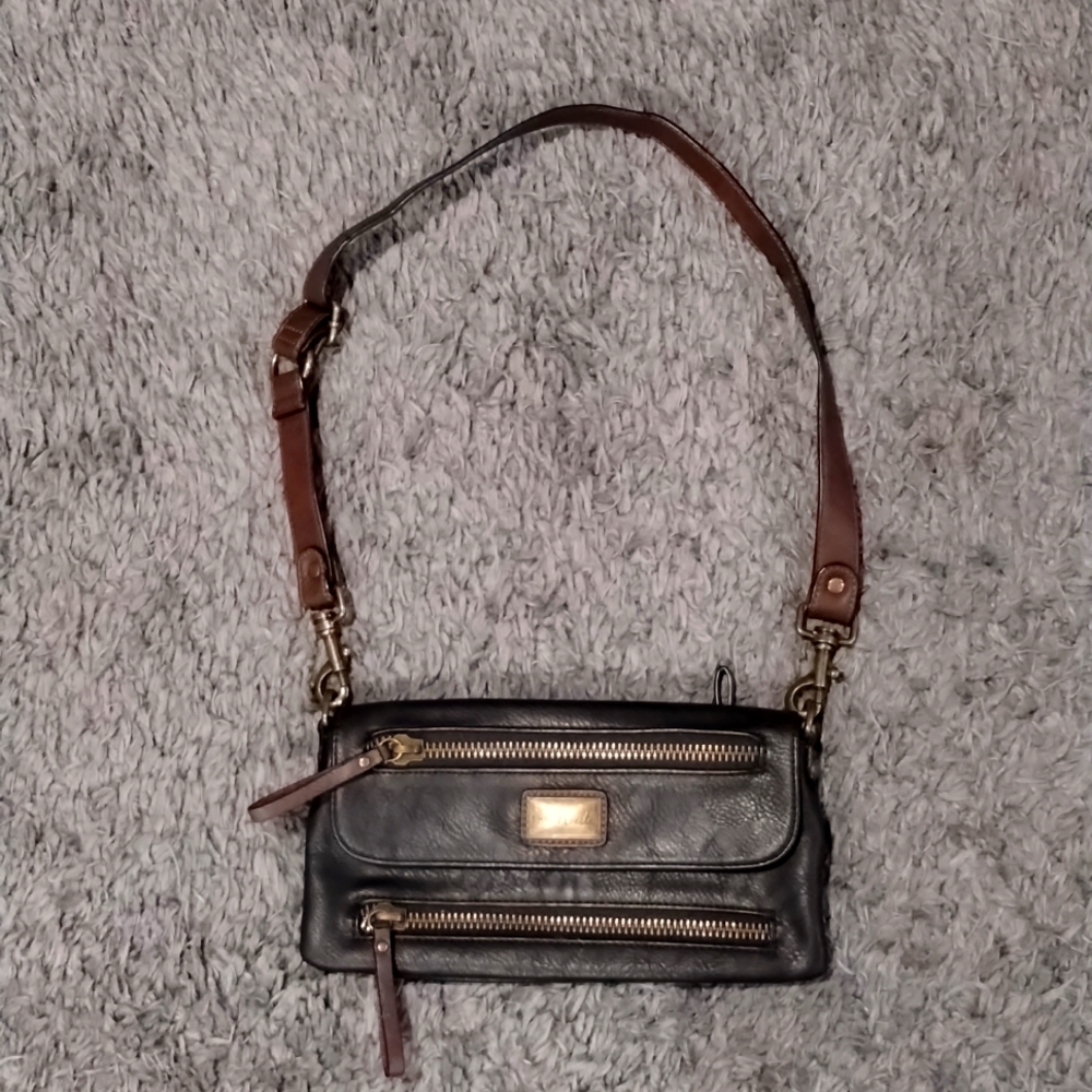 Small black purse from simply Noelle, brown strap.